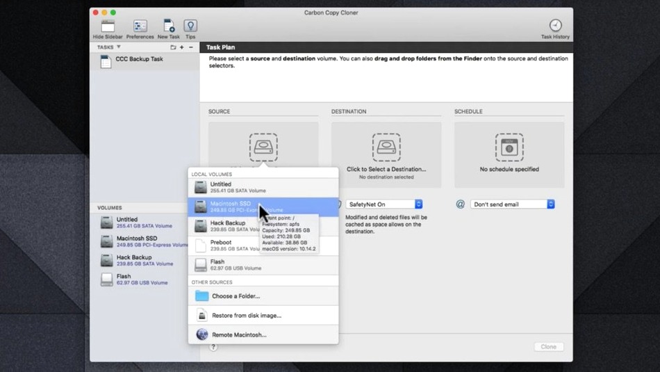 Carbon Copy Cloner UI, 2 of 4 Carbon Copy Cloner feature view 2