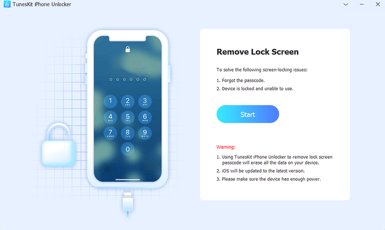 TunesKit iPhone Unlocker UI, 1 of 4 tuneskit iphone unlocker crack — app window